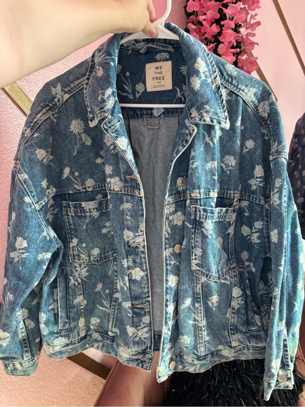 Free People Blue Floral Print Denim Jacket
